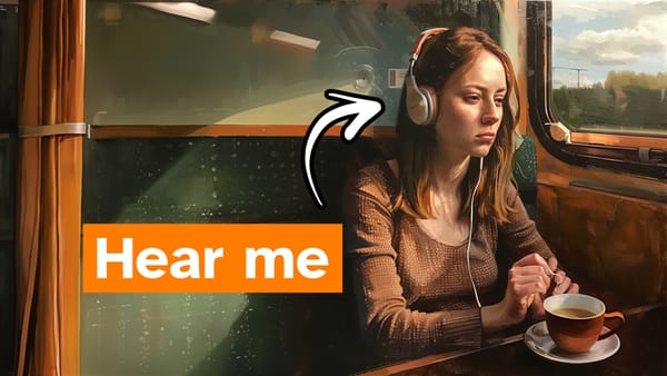 Junge Frau im Zug sitzt am Tisch, trinkt eine Tasse Tee aus einer orangen Tasse und trägt Kopfhörer zum Podcast hören.